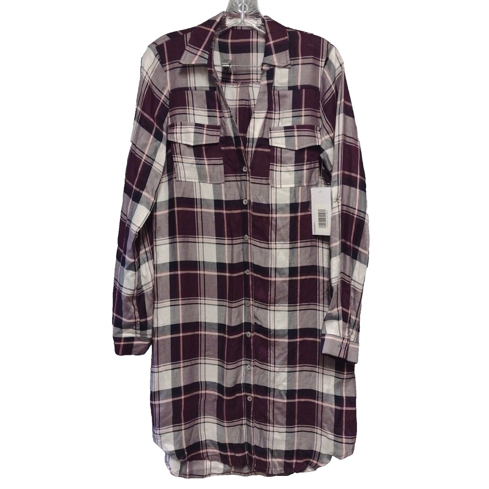 JustFab Womens Size Small Plaid Button Front Shirt Dress Burgundy White *No Belt